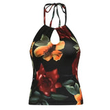 Vevesc Euramerican Fashion Popular Flower Constrast Color Print Tank Tops Personality Hollow Out Design All Match Tops Y2k Camisoler