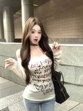 Vevesc Sweet Spring Autumn All Match Big U Neck Long Sleeve T Shirts American Popular High Street Girl Gothic Tops Slim Fit Print Tees
