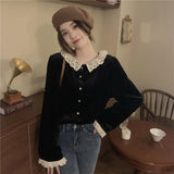 Vevesc Vintage Velvet Shirts Women Elegant Lace Patchwork Blouses Office Lady Korean Sweet Ruffles Long Sleeve Casual Tops New