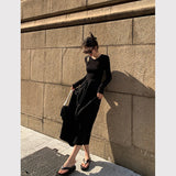 Vevesc Vintage Black Knitted Long Sleeve Midi Dress Women Hepburn Style Hollow Out O Neck Office Lady Slim Casual A Line Dress New
