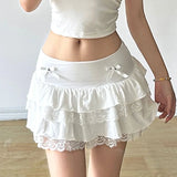 Vevesc Women Bow Trim Layered Lace Mini Skirt Korean Style Teen Girl Sweet Pleated Skirt Y2K Aesthetic 00s Retro Preppy A-line Skirt