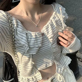 Vevesc Two Piece Sets Y2k Striped Camis Crop Tops Hotsweet Women Long Sleeve Tees Ruched Japanese Ruffled Tshirts Slim Waist Camisetas