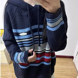 Vevesc American Vintage Contrast Color Striped Sweaters Women Couples Loose Hooded Lazy Y2k Pullovers Sueter Mujer Knitted Harajuku