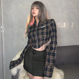 Vevesc Women Patchwork Plaid Shirts and Blouses Y2k Vintage Korean Harajuku Fashion 90s Elegant Long Sleeve Polo-Neck Shirt Top Clothes