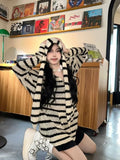 Vevesc Hotsweet Women Japanese Kawaii Striped Knitted Coats Y2k Preppy Style Mid Length Loose Cardigan Rabbit Ear Hooded Outerwear