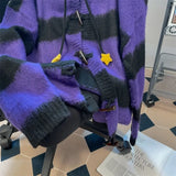 Vevesc Retro Vintage Purple Black Striped Hooded Sweater Autumn Winter New Bull Horn Buckle Cardigan Y2k Long Sleeve Loose Tops Mujer