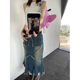 Vevesc Y2K 2000S Star Denim Midi Skirts Women Vintage Irregular Wrap Jean Skirt Summer Harajuku Korean High Waist A Line Faldas