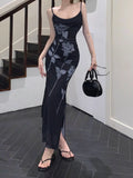 Vevesc Summer Harajuku Split Women Dress Slim Waist Tunic Sexy Sleeveless Printing Dresses Y2k Aesthetic Black Vintage Vestidos