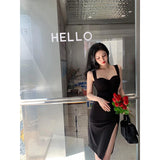 Vevesc Elegant Split Midi Dress Women Black Sexy Spaghetti Straps Slit Slim One Pieces Dresses Korean Party Prom Bodycon Vestidos