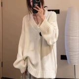 Vevesc V Neck Casual Lazy Japanese Sweet Solid Knitted Sweaters Women Long Sleeve Sueter Mujer Y2k Pullovers Elegant Harajuku