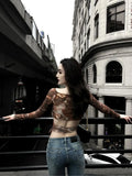 Vevesc Vintage Tie Dye V-neck Bottoming T-shirt for Women Y2k Slim Fit Long Sleeve Tops Mujer Summer New Sun Protection Tee Shirt