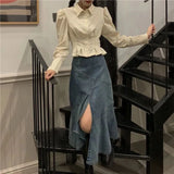 Vevesc Vintage Folds Shirts Women Korean Ruffles Puff Long Sleeve Crop Tops Streetwear Preppy Slim All Match Blouses Spring New