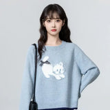 Vevesc Blue O Neck Sweaters Bow Pullovers Cartoon Cat Sueter Mujer Oversize Y2k Long Sleeve Preppy Style Japanese Women Sweet Kawaii