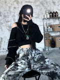 Vevesc Techwear Goth Cropped Hoodies Women Harajuku Off Shoulder Oversize Sweatshirts Black Zip Up Top Hip Hop Streetwear Punk