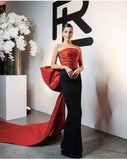 Vevesc Couture Black&Red Stretchy Long Evening Dresses With Big Bow Strapless Fashion Formal Party Dress Maxi Gowns