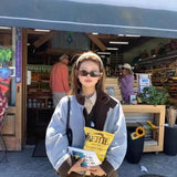 Vevesc Y2k Winter Jacket Womens Blue Solid Color Spliced Cotton Clothes Autumn and Winter New Loose Simple Cotton Clothing Tops