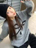 Vevesc Korean Elegant Bow Jacquard Sweaters Women Y2k Aesthetic Vintage Thin Knitted Pullovers Streetwear Casual All Match Jumpers Tops