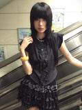Vevesc Korean Fashion Y2k Flying Sleeve Women Ruffled Blouse Vintage Single Breasted Slim Grunge Shirt Harajuku Crop Streetwear Blusas