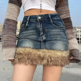 Vevesc Euramerican Vintage All Match Popular Spliced Faux Fur Skirt Y2k Aesthetic Denim Streetwear Short Drsee Harajuku Punk Girl Skirt