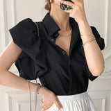 Vevesc Fashion Lapel Neck Single Breasted Blouses Summer New White Shirts Women Y2k Grunge Puff Sleeve Slim Fit Blusas Mujer