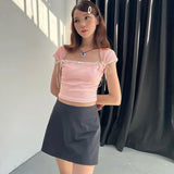 Vevesc Lace Bandage Shirts For Women 2024 Summer Pink Lovely Crop Tops Womens Street Casual Bodycon Lace-Up Tank Top Ladies