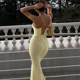 Vevesc Underwire Low Cut Long Dresses For Women Summer 2024 Sexy Elegant Hollow Lace Up Backless Mermaid Maxi Dress Y2K