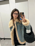 Vevesc Harajuku Vintage Y2k Jackets Warm Thicken Downy Long Sleeve Design Denim Coats Winter Casual Loose All Match Women Clothing