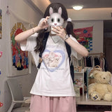 Vevesc Japanese Style Cat Print White T-shirts Women Sweet Kawaii Cute Short Sleeve Tees Harajuku Fashion Oversized Loose Tops