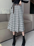 Vevesc Women's A-line Black Pleated Plaid Skirt Vintage 90s Aesthetic Y2k Long Skirt Harajuku Korean Skirts 2000s Clothes