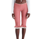 Vevesc  Women s Plaid Capri Pants with Lace Ruffles and Stretchy Cropped Leggings for Summer Casual Wear