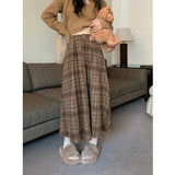 Vevesc Vintage Plaid Skirt Women Elegant Pleated Korean Style Long Skirts High Waist Autumn Winter A-line Skirts Aesthetics