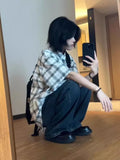 Vevesc Japanese Harajuku Loose Lazy Women Clothes Streetwear Constrast Color Plaid Buttons Design Blouse Y2k Aesthetic Summer Cardigan