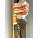 Vevesc American Slim Pullovers Sweaters Crop Tops Sexy Knitted Contrast Color Striped Women Y2k Slash Neck Vintage Sueter Mujer Chic