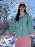 Vevesc Two Piece Sets Cute Skirt Set Stand Collar Bow Thick Korean Style Coats Pink Straight A-line Mid-calf Skirts