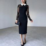 Vevesc  Black Bow Long Dress Women Elegant Lace Patch Lapel Sexy Print Dress Luxury High Waist Retro Party Evening Dress Female