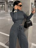 Vevesc Women Autumn Winter Sweatsuit Tracksuit Sets Bodycon Slim Outfits Solid Grey 2 Two Piece Pant Set Suit Female