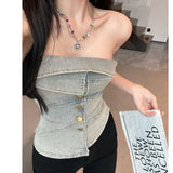 Vevesc Vintage Irregular Distressed Sleeveless Tanks Tops Elegant Slim Waist Camis Denim Korean Off Shoulder Sexy Tube Short Y2k Women