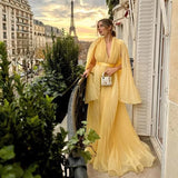 Vevesc Eye Catching Yellow Folds A-line Long Evening Dresses With Cape Sleeves Fashion Long Women Pleated Dresses To Party