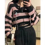 Vevesc Short Length Striped Black Pink Sweaters Women V-Neck Y2k Knitted Loose Crop Tops Pullovers Long Sleeve High Waist Sueter Mujer