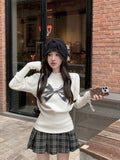 Vevesc Kawaii Bow Sweaters Women Y2K Japanese Style Half Turtleneck Long Sleeve Knit Jerseys Gyaru Slim Jumpers Kpop Tops