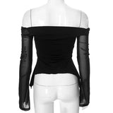 Vevesc  Slash Neck Lace-Up Shirts For Women Sexy Mesh Y2k Top Fashion Drop Sleeves Aesthetic Clothes Solid Casual Long Sleeve T Shirts