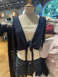 Vevesc  Navy Lace-up Knitted Long Sleeve T-shirt Cardigan Autumn V-neck Cotton Casual Smock American Vintage Wrap Tees Y2k Crop Tops