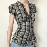 Vevesc  Y2K Checked Ruffles Trim V-neck T-shirt Vintage Streetwear Women Short Sleeve Buttons Slim Crop Top 2000s Chic Blouse