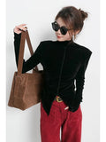 Vevesc Turtleneck Tshirts Women Front Side-slit Solid Color Soft Female Long Sleeve Tops Leisure Tees Autumn All-match Irregular Slim