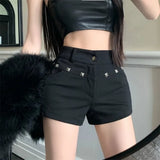 Vevesc Vintage Street Rivet Black Denim Hot Shorts for Women Y2k High Waist All-match Short Pants 2024 Summer New Bodycon Ropa Mujer
