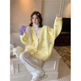 Vevesc Sweet 3D Flowers Knitted Cardigan Women Kawaii Bow V Neck Sweater Coat Korean Cute Oversized Knitwear Streetwear Casual Jumper