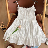 Vevesc  White Woman Dresses Bandage Ruffles A-line Lace Loose Robe Femme 2025 Vestidos De Mujer Fashion Holow Out Sweet Summer Dress