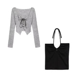 Vevesc Korean Bandage Two-piece Cardigan Camis Set Women High Street Long Sleeve Gray V-neck Slim Thin Shirts Fashion Harajuku Y2K Tops