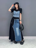 Vevesc Women Denim Long Skirt Harajuku Y2k 2000s Vintage Skirts 90s Aesthetic Streetwear Fashion Korean Style A-Line Jean Skirt Clothes