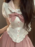 Vevesc Sweet Rabbit Ear Sailor Collar Puff Sleeve Shirts Women+ Y2k Slim Waist Ruched Pink Skirts Summer Oversize Two Piece Sets